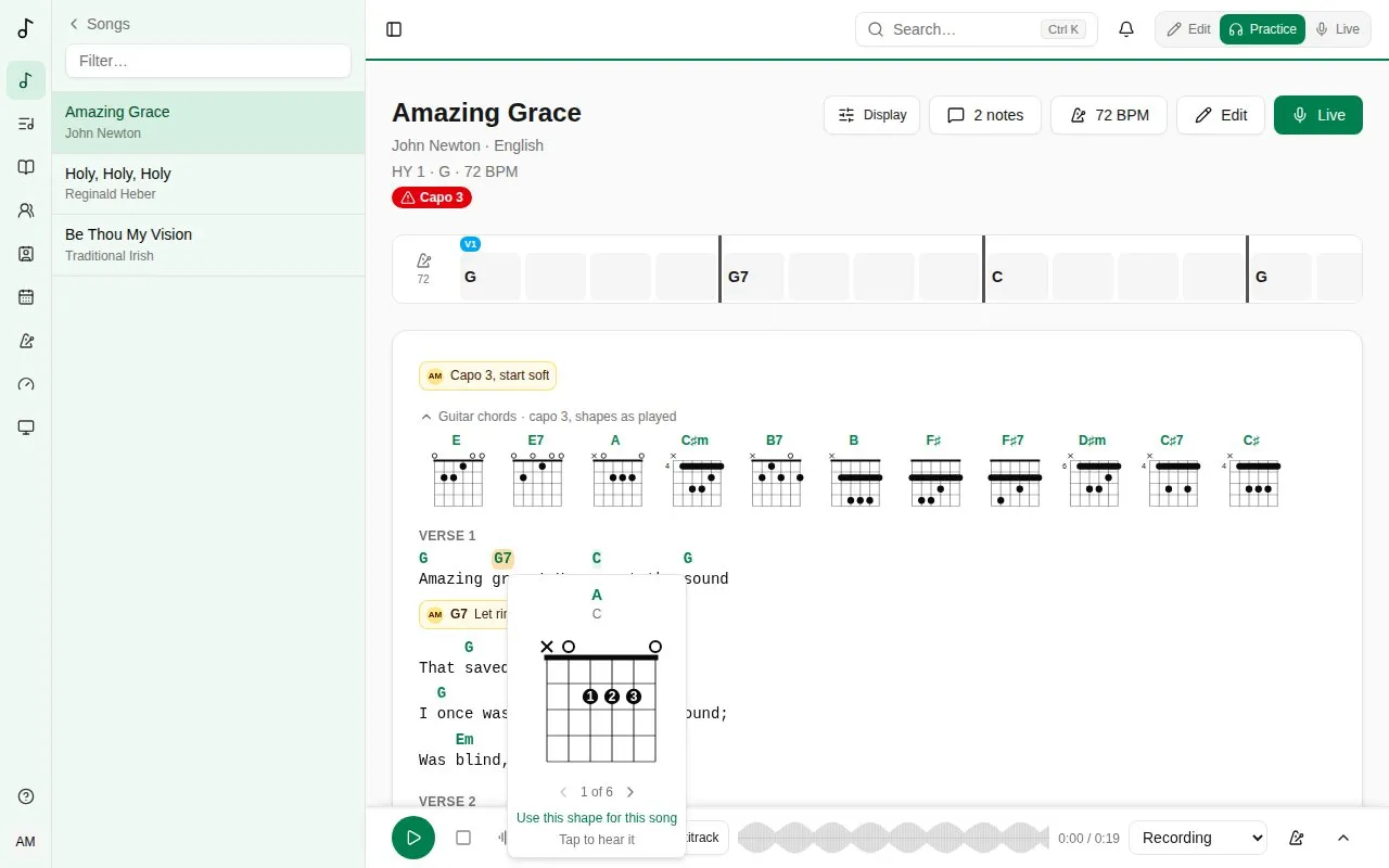 Chord diagrams for a song in Practice, one chord’s card open