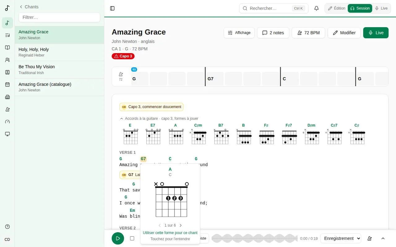 Les diagrammes d’accords d’un chant en Session, la fiche d’un accord ouverte