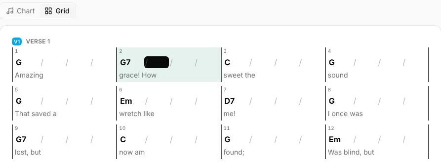 The chord grid in Practice, the click playing