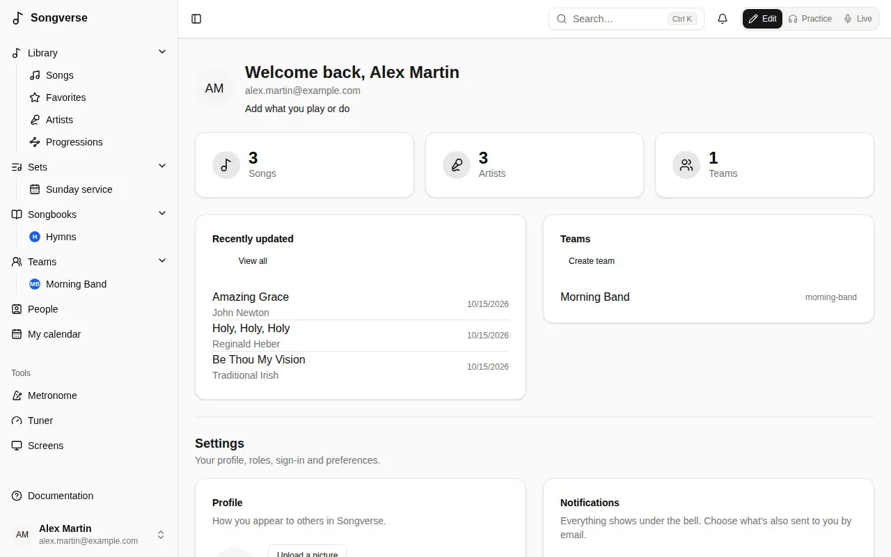 The dashboard, with your songs, teams and settings