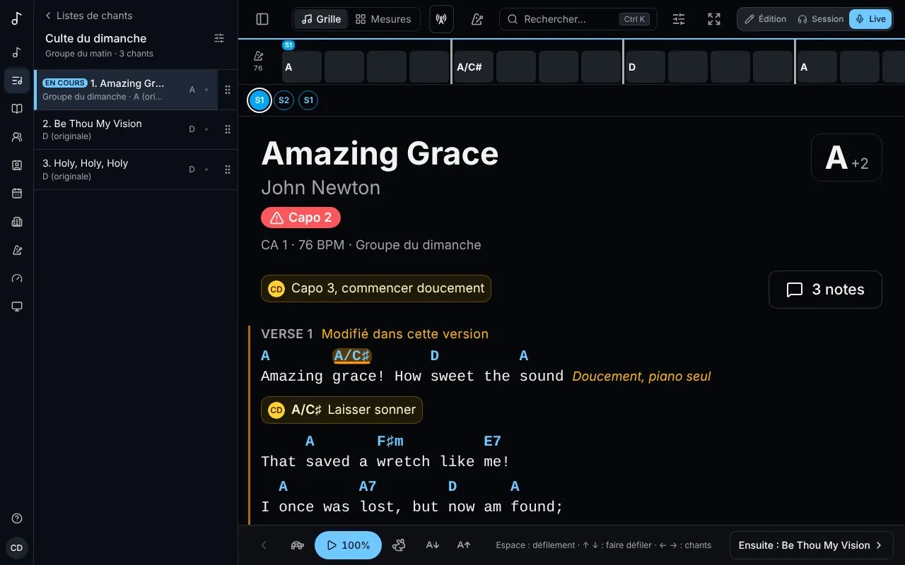 Un chant d’une liste en mode Live
