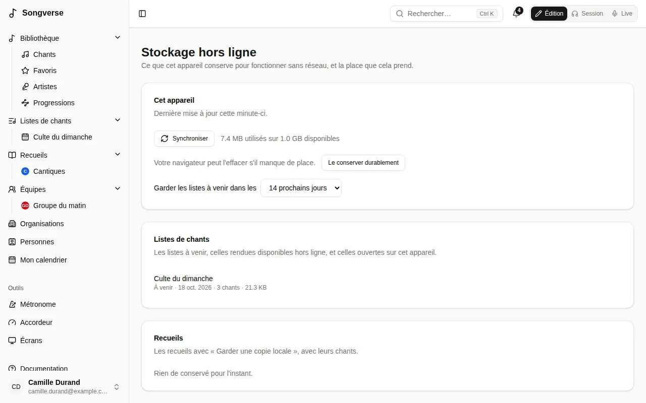 La page Stockage hors ligne