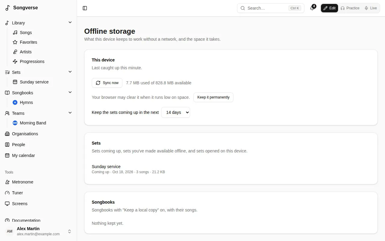 The offline storage page