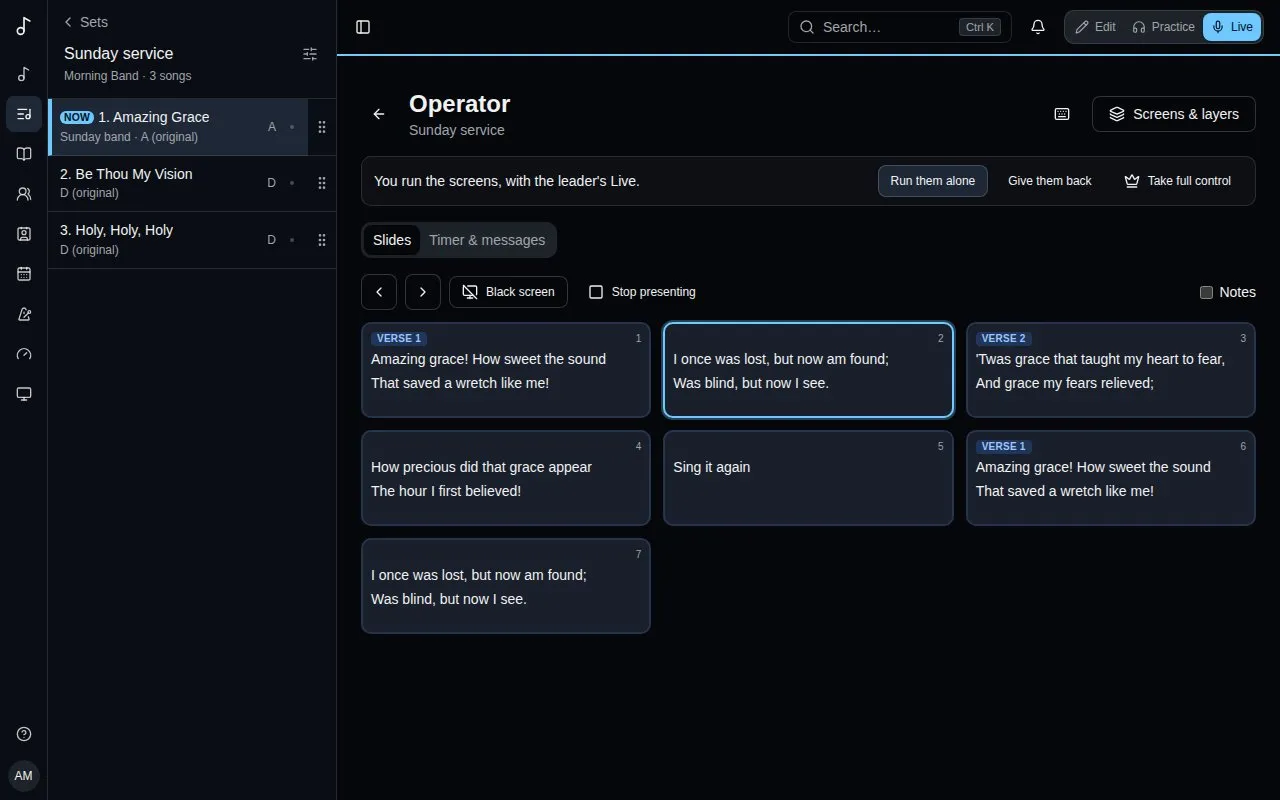 The operator view: who runs the screens, the set, and the song’s slides