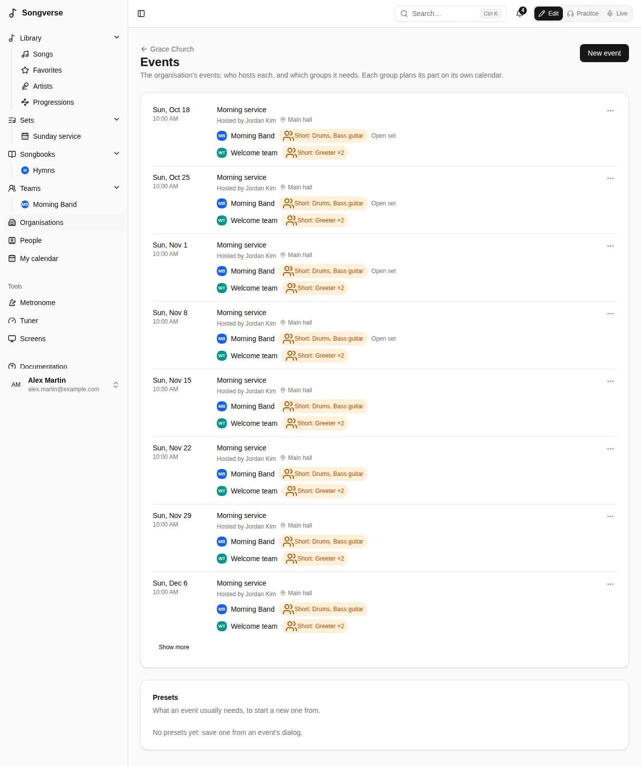 An organisation’s events, with each group’s coverage
