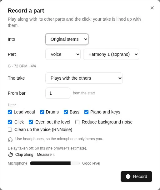 Recording a part of the stems, hearing the others