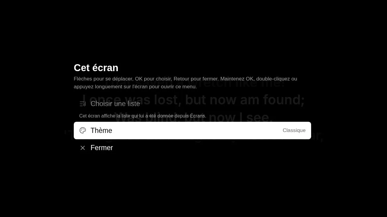 Le menu de l’écran, par-dessus les paroles