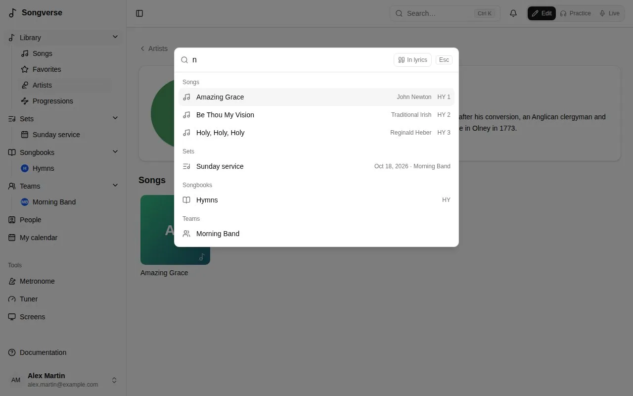 Searching across songs, sets, songbooks and teams