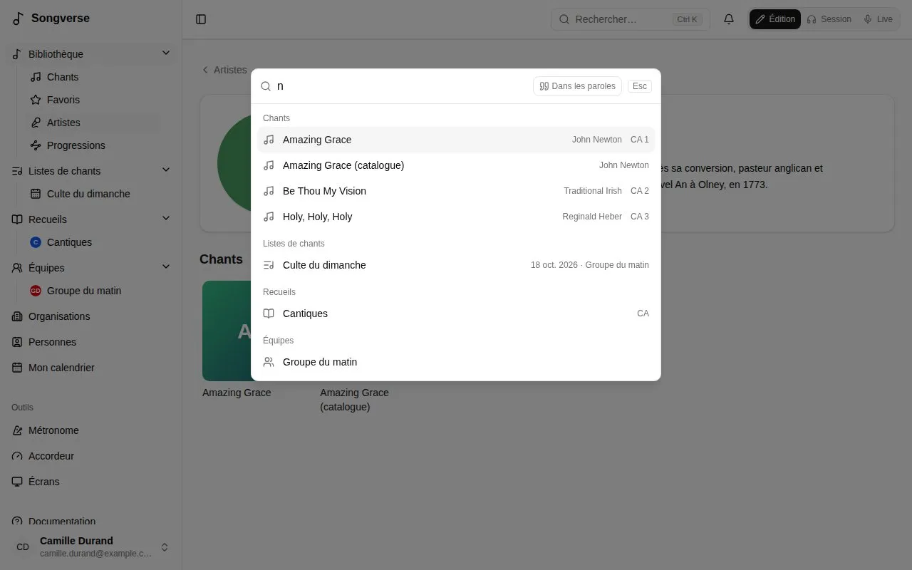 Une recherche parmi les chants, listes, recueils et équipes