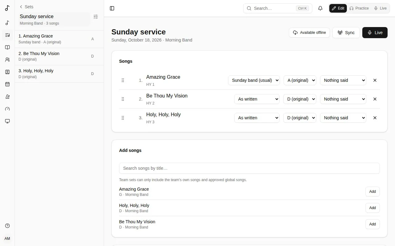 A set’s page: the rail on the left, and the panel listing your sets