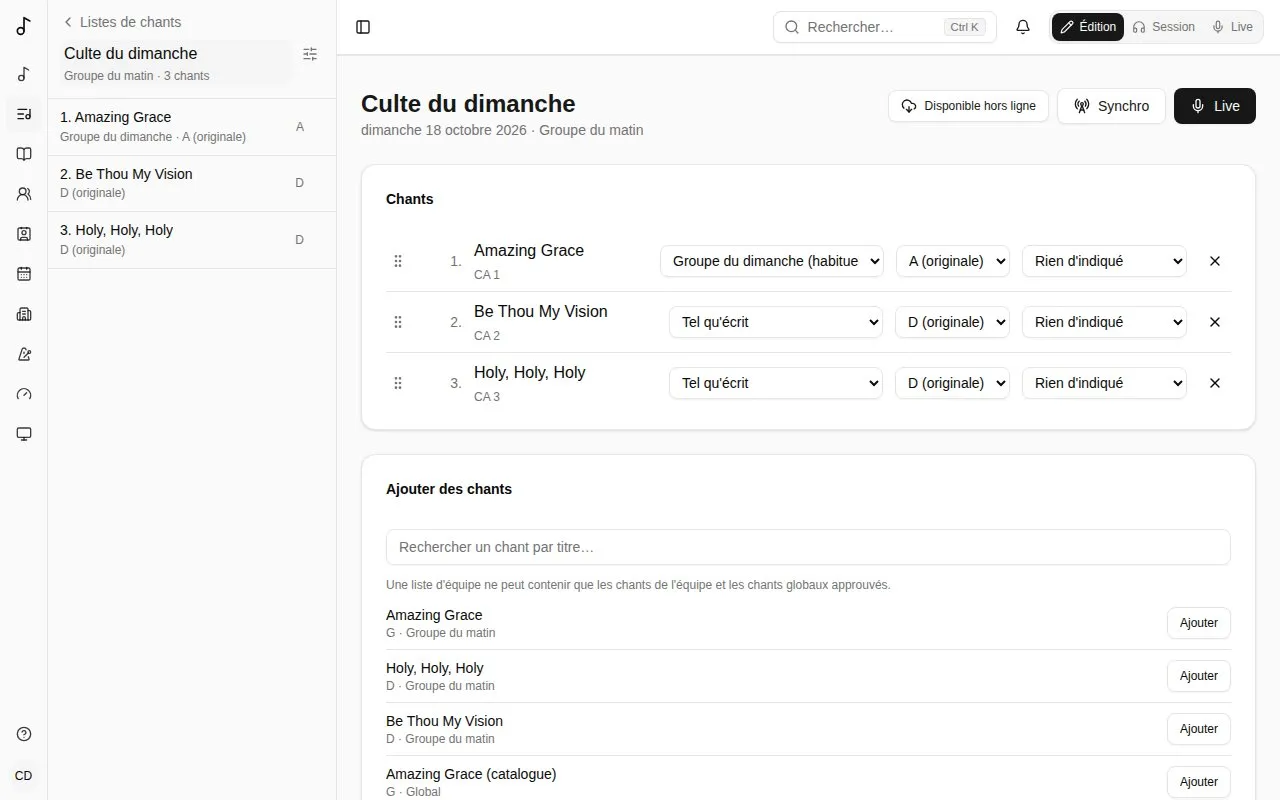 Une liste de chants
