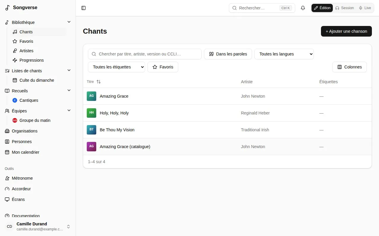 Chants, la liste complète
