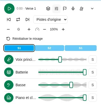 Le mixage du lecteur de pistes sur un téléphone : un curseur de volume sur la forme d’onde de chaque piste