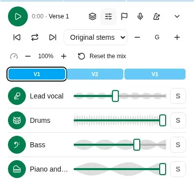 The stem player’s mixer on a phone: a volume fader over each part’s waveform