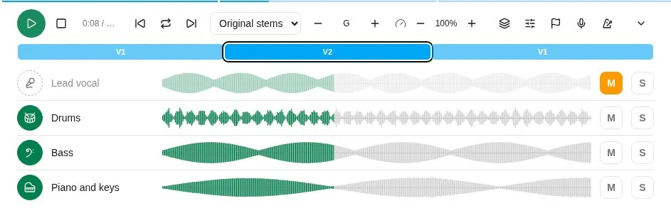 The stem player expanded, with each part’s waveform